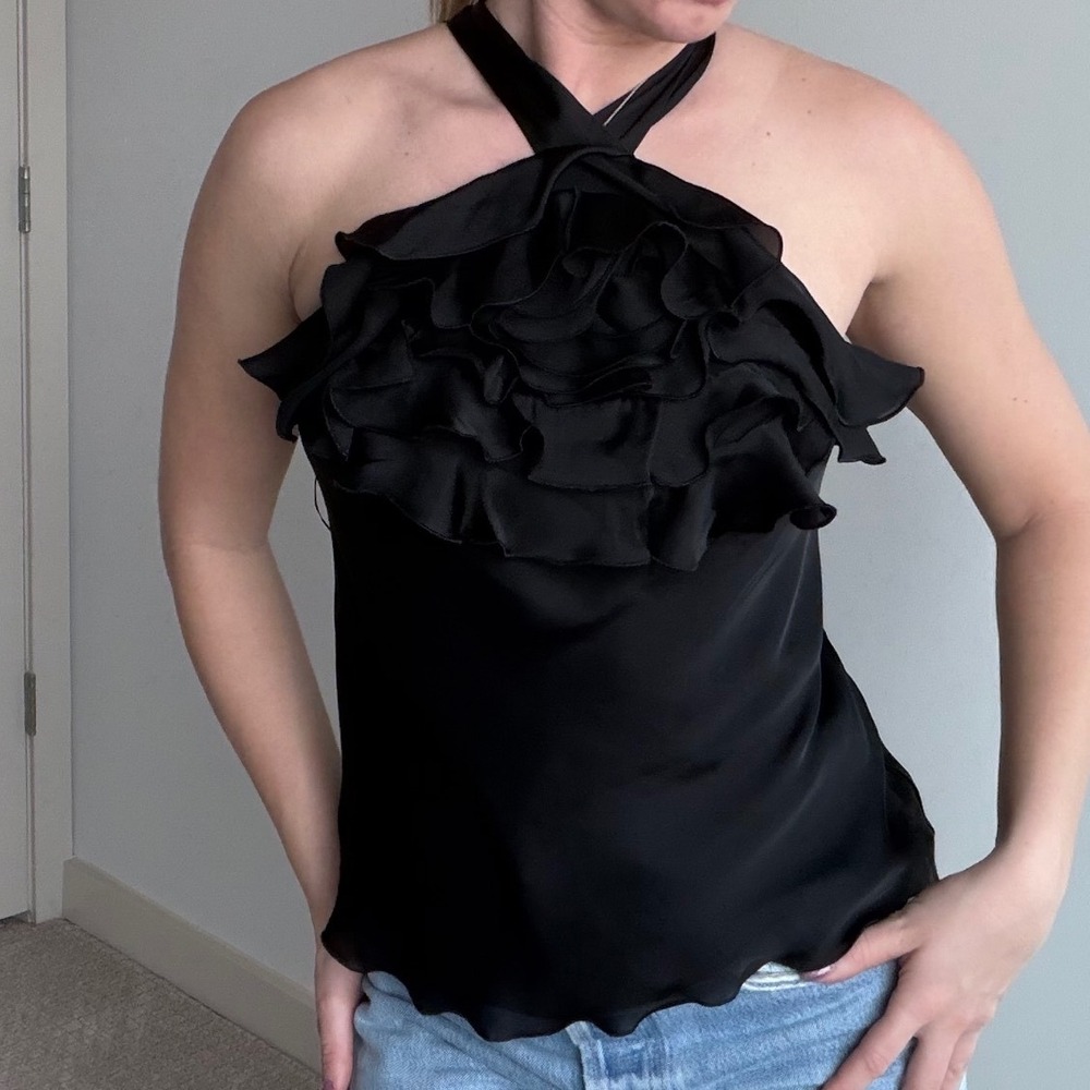 Vintage Style Y2K‎ Black Satin Ruffle Front Blouse Size XS